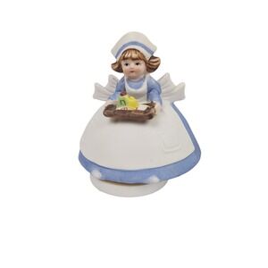 Vintage Ceramic Music Box Girl Figurine Blue White Dress Rotating Hand Painted